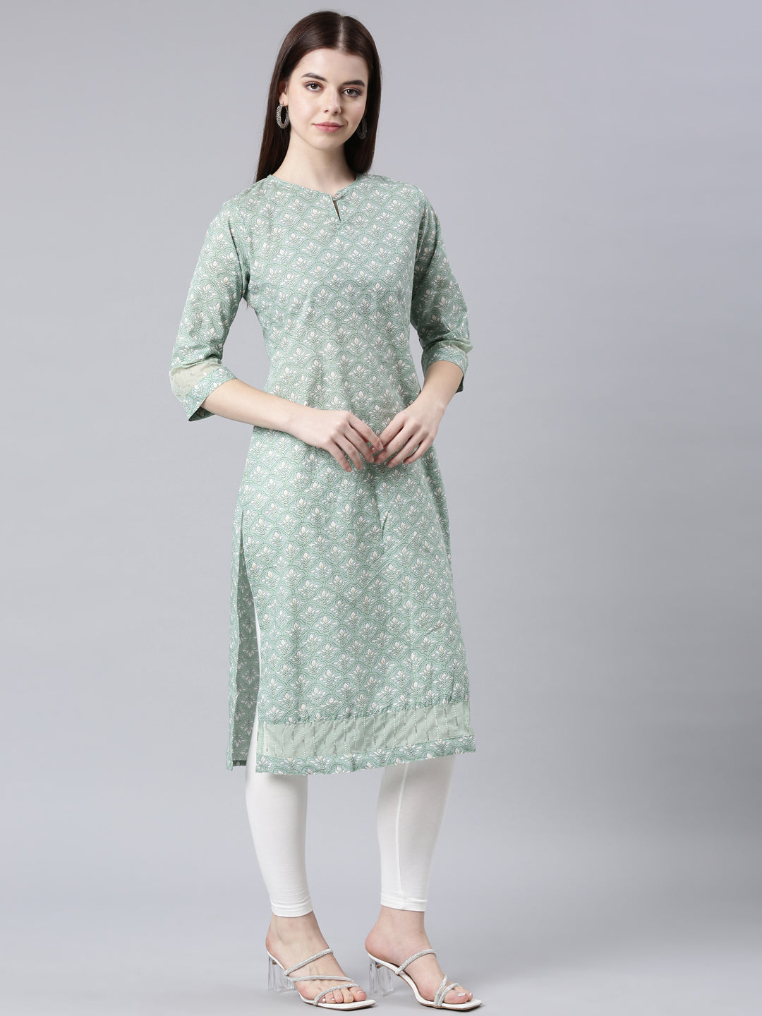 Neerus Green cotton printed straight kurta - side view