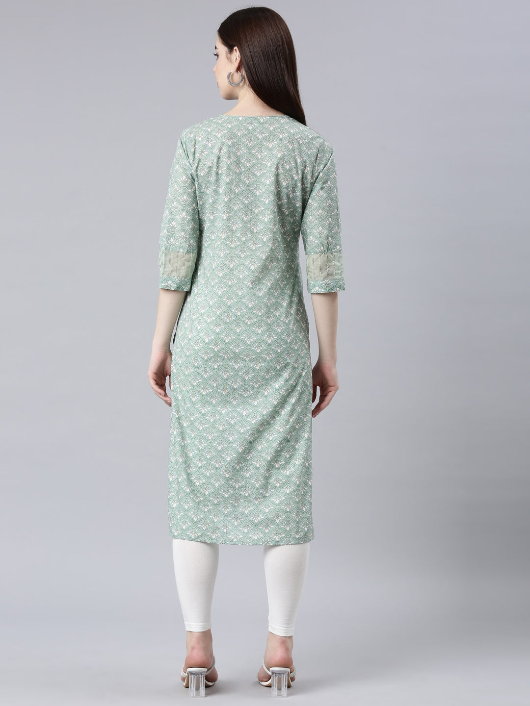 Neerus Green cotton printed straight kurta - detail view 1