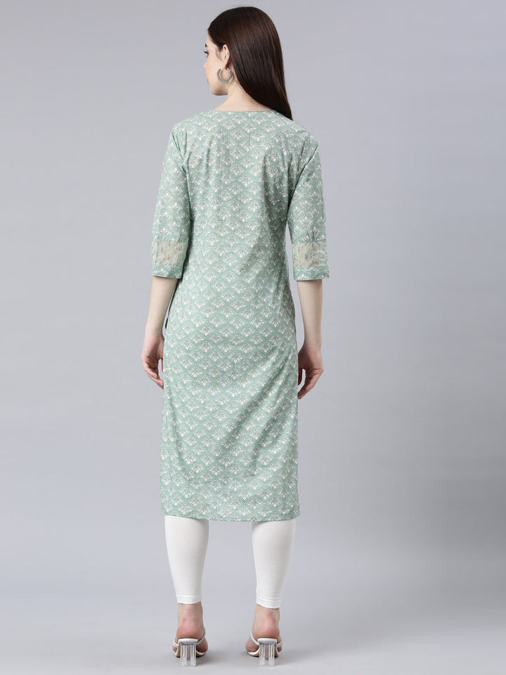 Neerus Green cotton printed straight kurta - detail view 1