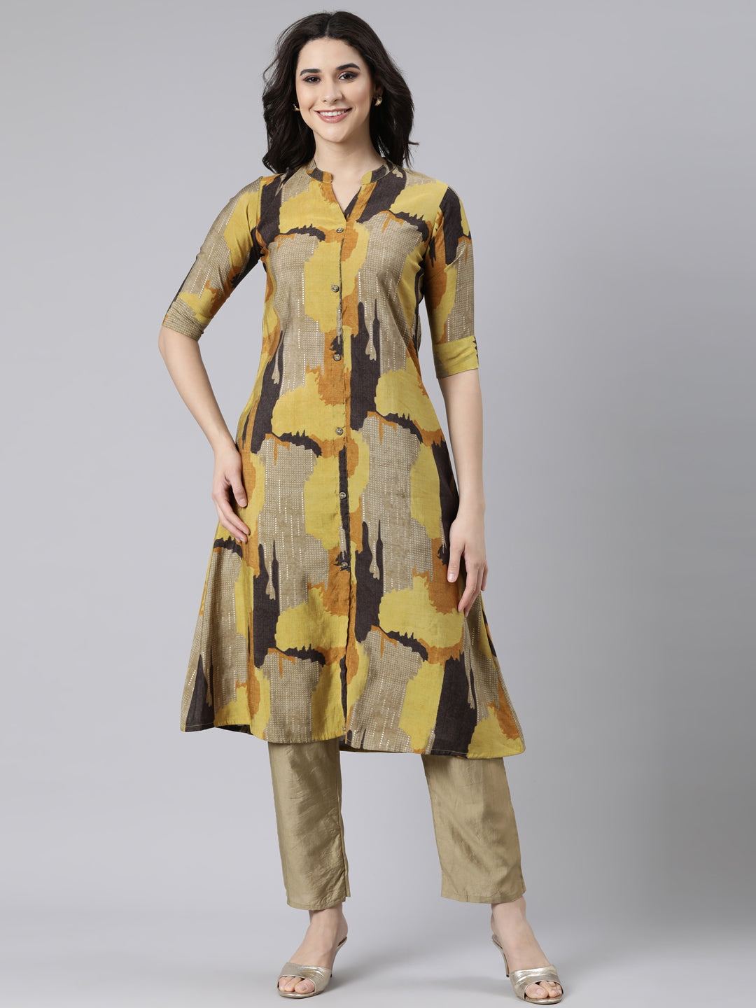 Neerus Yellow cotton printed anarkali kurti - front view