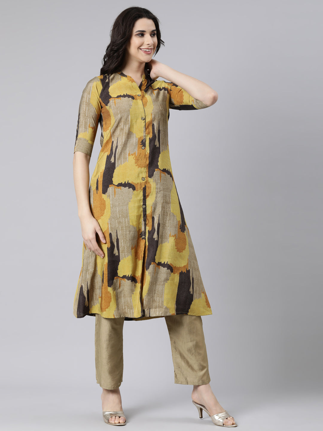 Neerus Yellow cotton printed anarkali kurti - back view