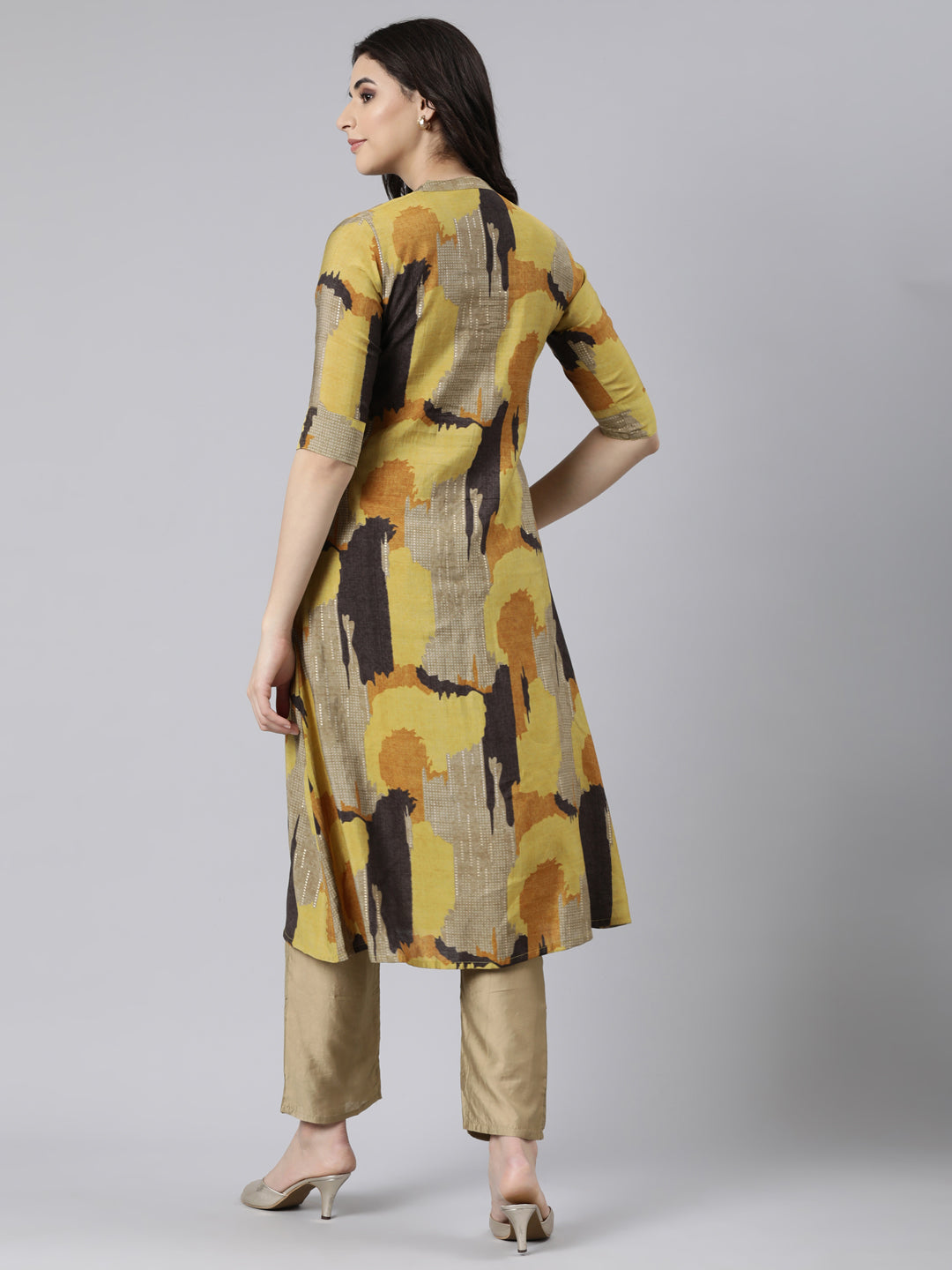 Neerus Yellow cotton printed anarkali kurti - side view