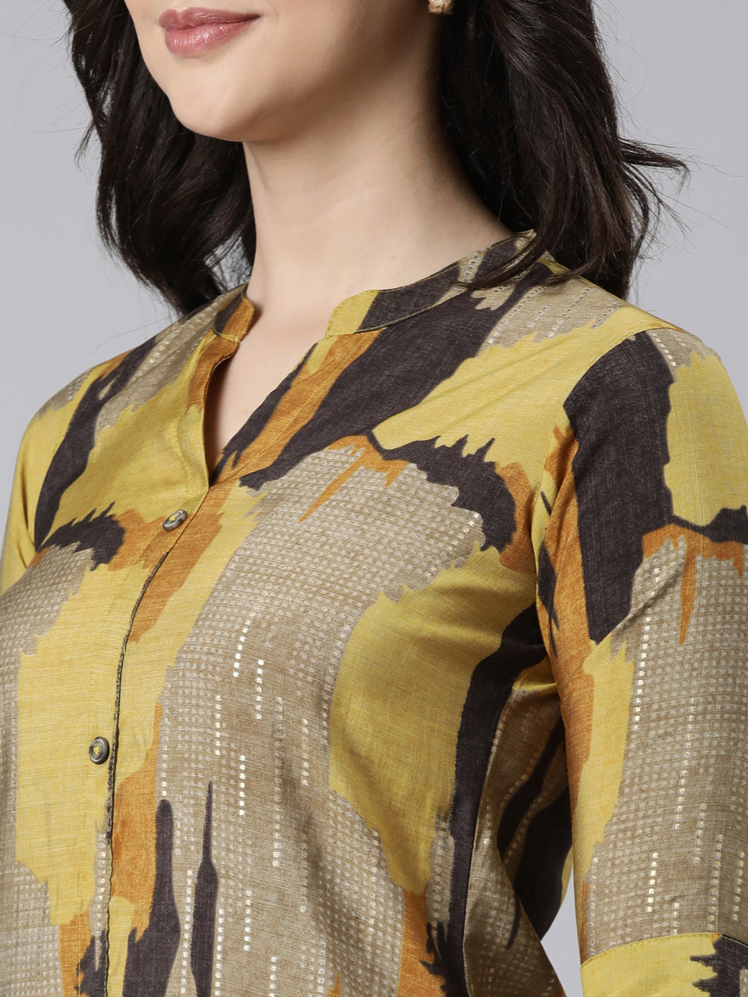 Neerus Yellow cotton printed anarkali kurti - detail view 1