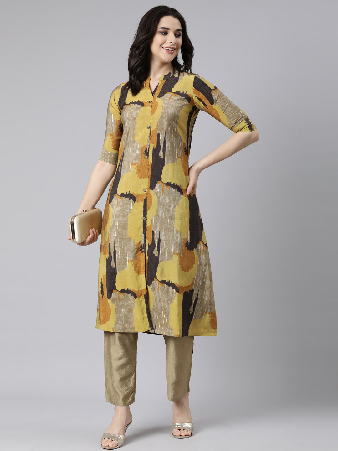 Neerus Yellow cotton printed anarkali kurti - detail view 2