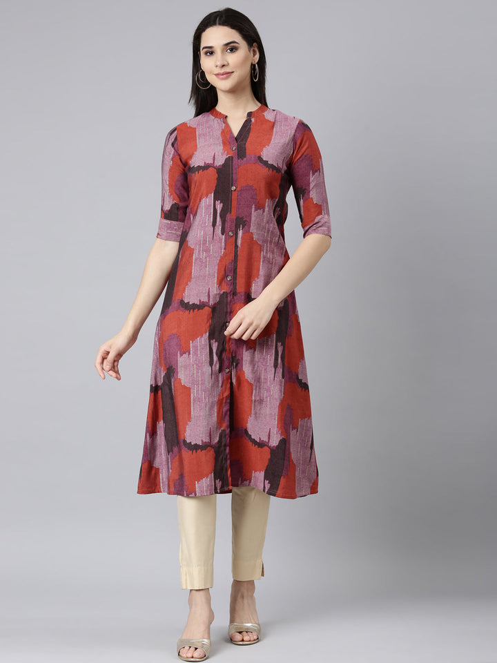 Neerus Orange rayon printed A-line kurti - front view