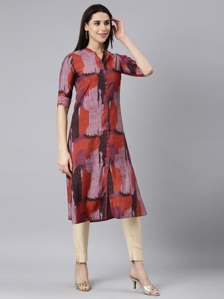 Neerus Orange rayon printed A-line kurti - back view