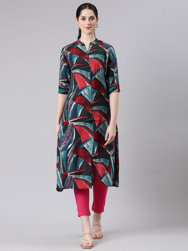 Neerus Blue rayon printed straight kurta - front view