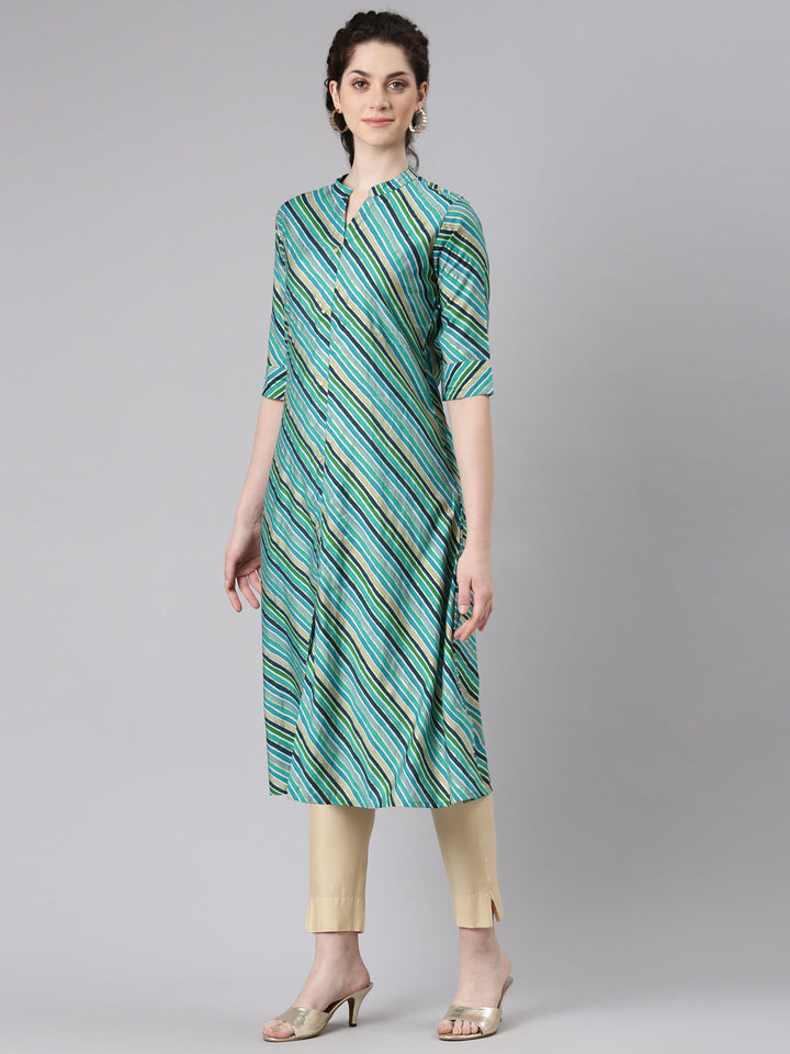Neerus Green cotton straight kurti - back view