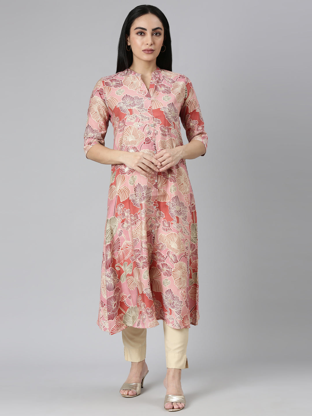 Neerus Pink floral printed straight kurta - front view