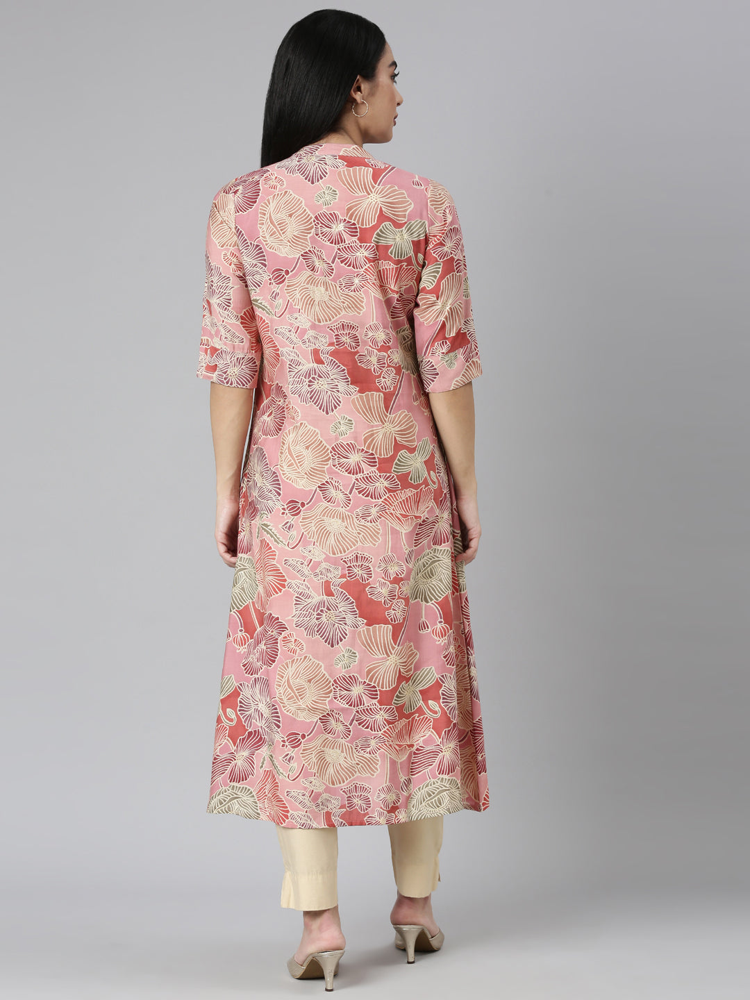 Neerus Pink floral printed straight kurta - side view