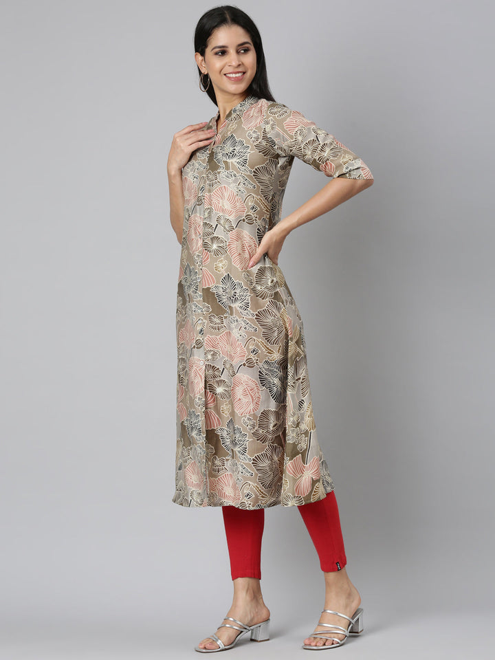 Neerus Brown floral printed straight kurta - back view