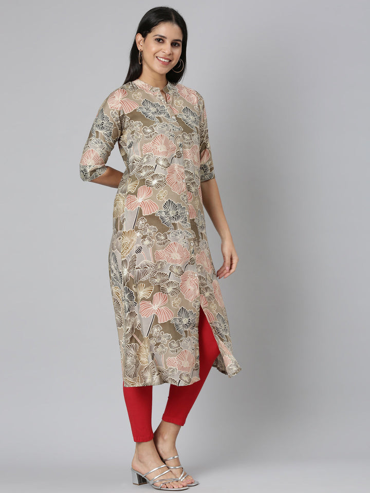 Neerus Brown floral printed straight kurta - side view