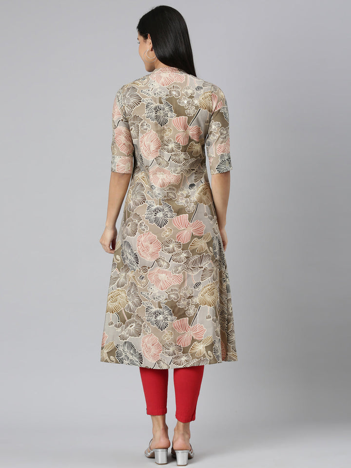 Neerus Brown floral printed straight kurta - detail view 1