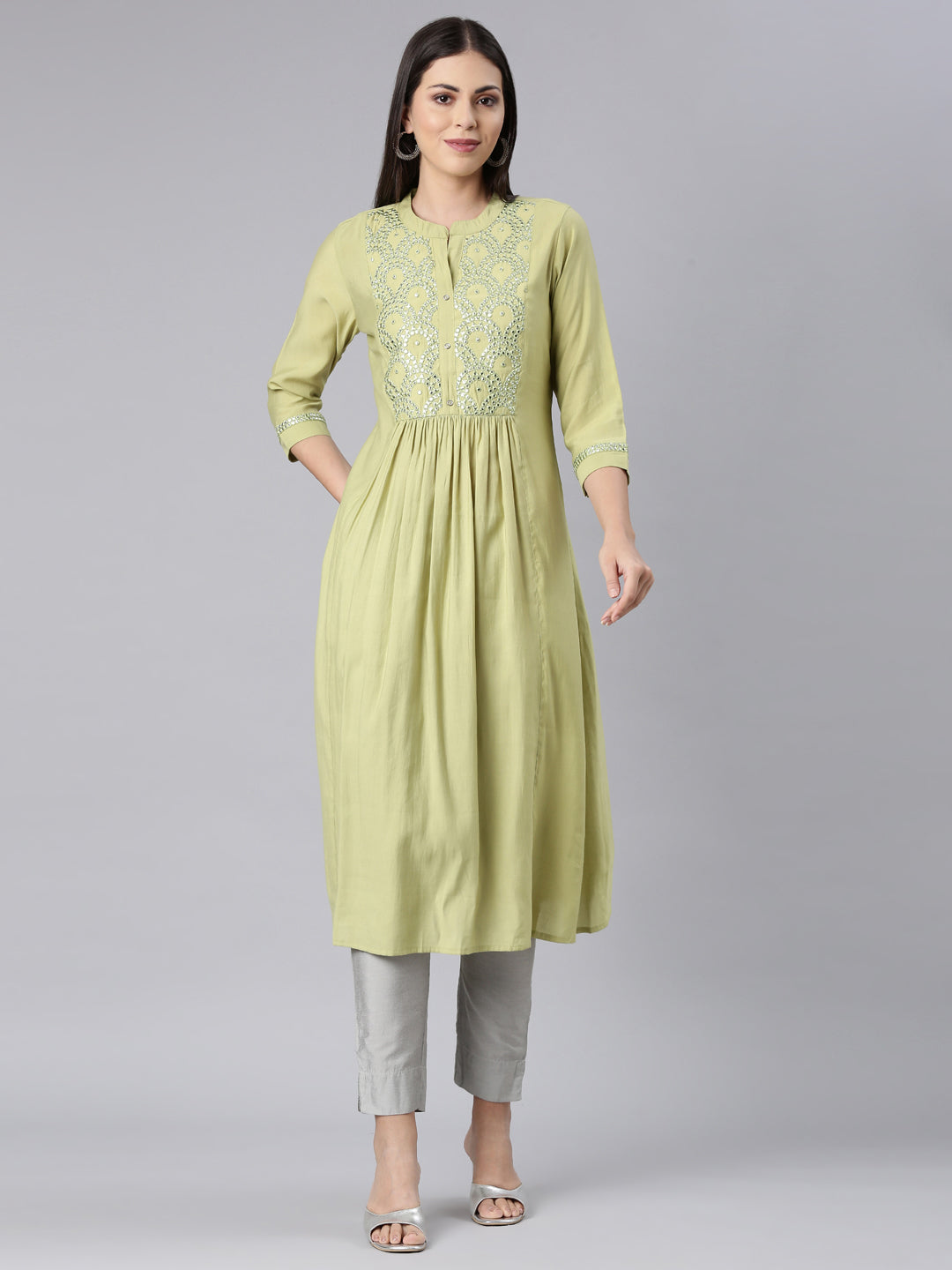 Neerus Green modal solid anarkali kurta - front view