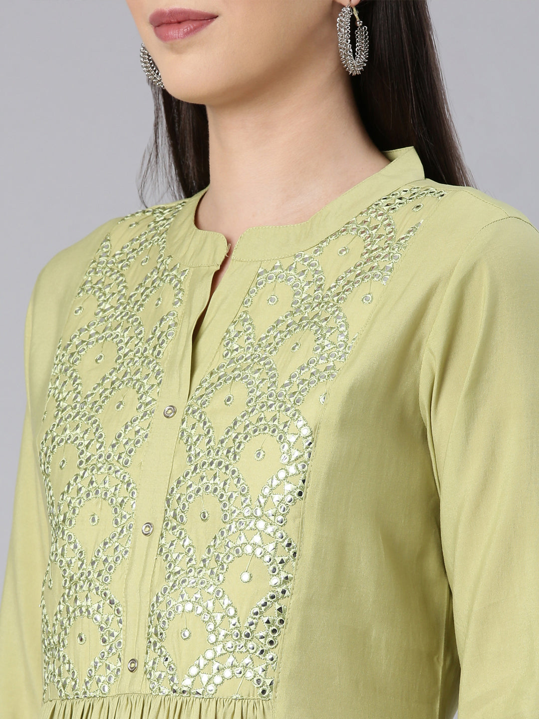 Neerus Green modal solid anarkali kurta - detail view 2