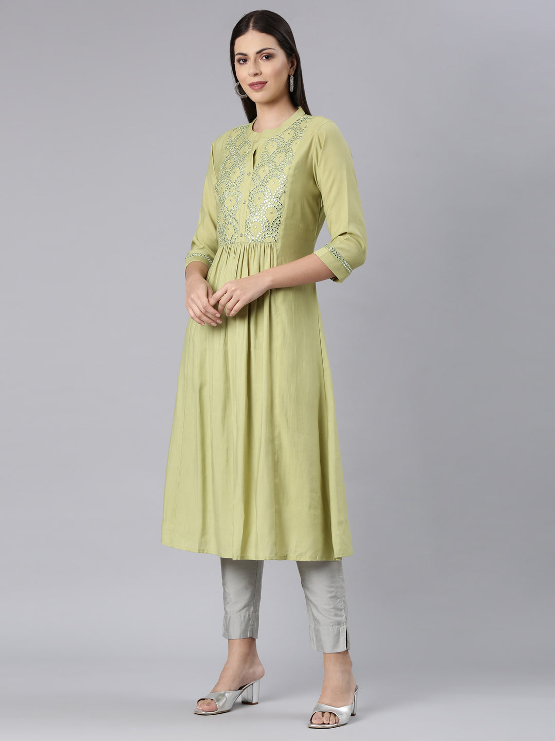 Neerus Green modal solid anarkali kurta - back view