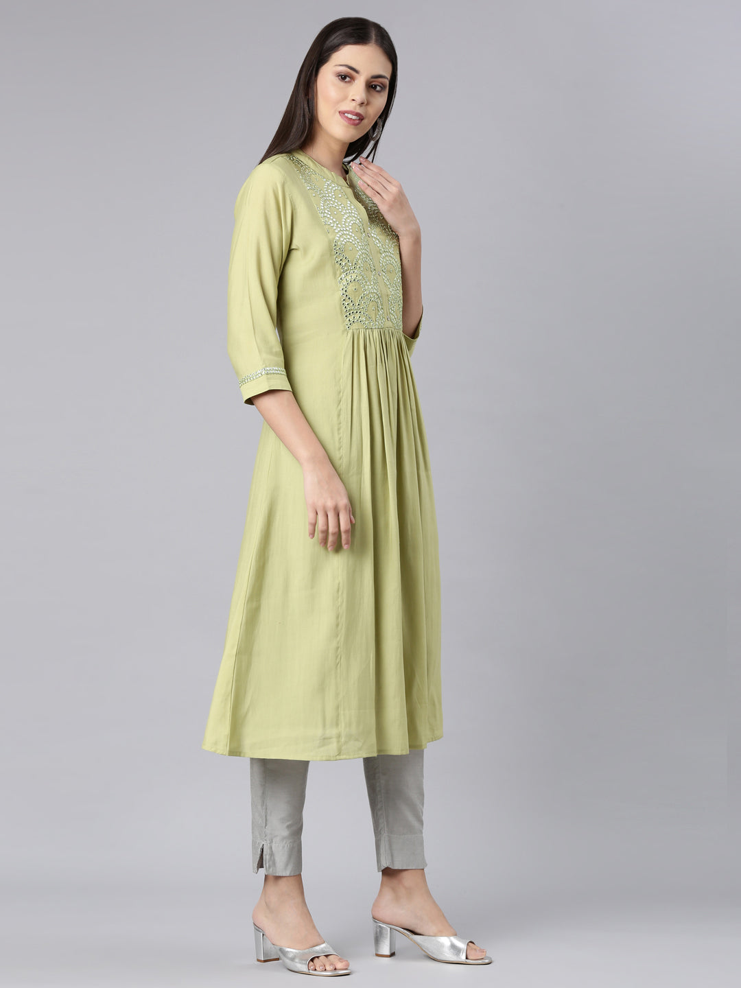 Neerus Green modal solid anarkali kurta - side view