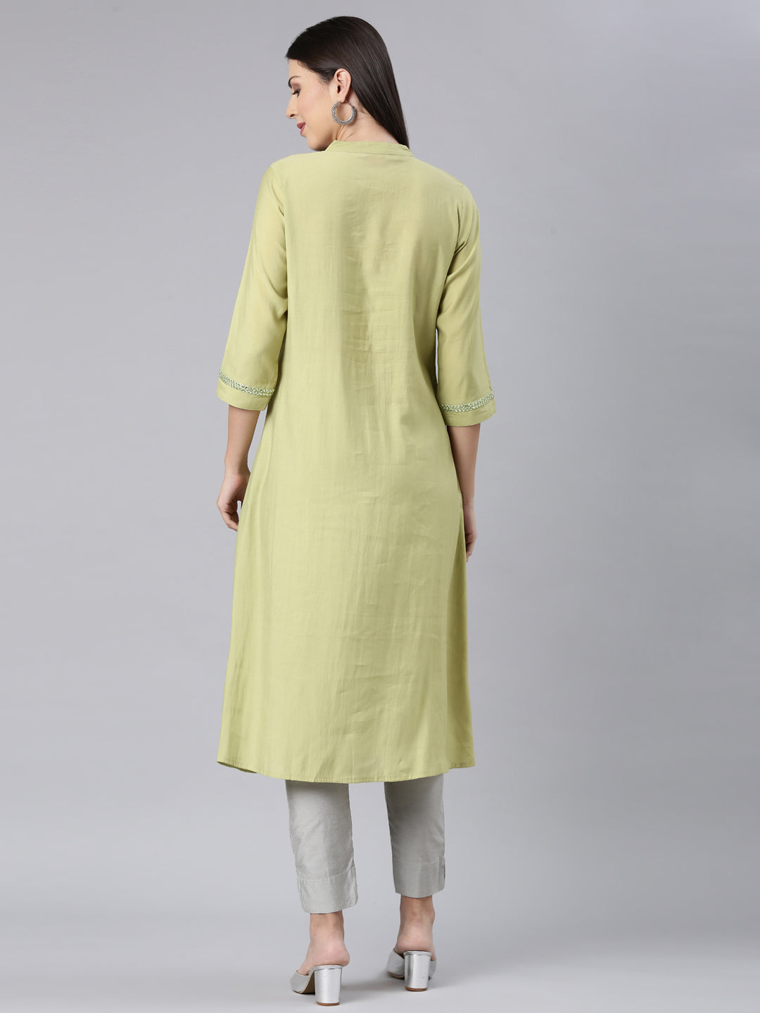 Neerus Green modal solid anarkali kurta - detail view 1