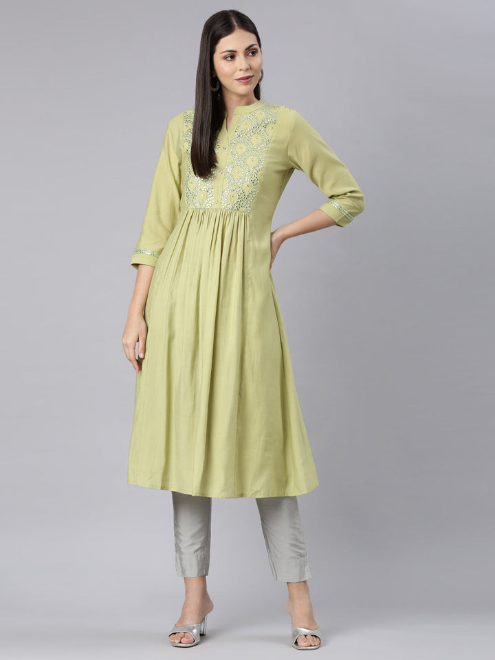 Neerus Green modal solid anarkali kurta - detail view 3