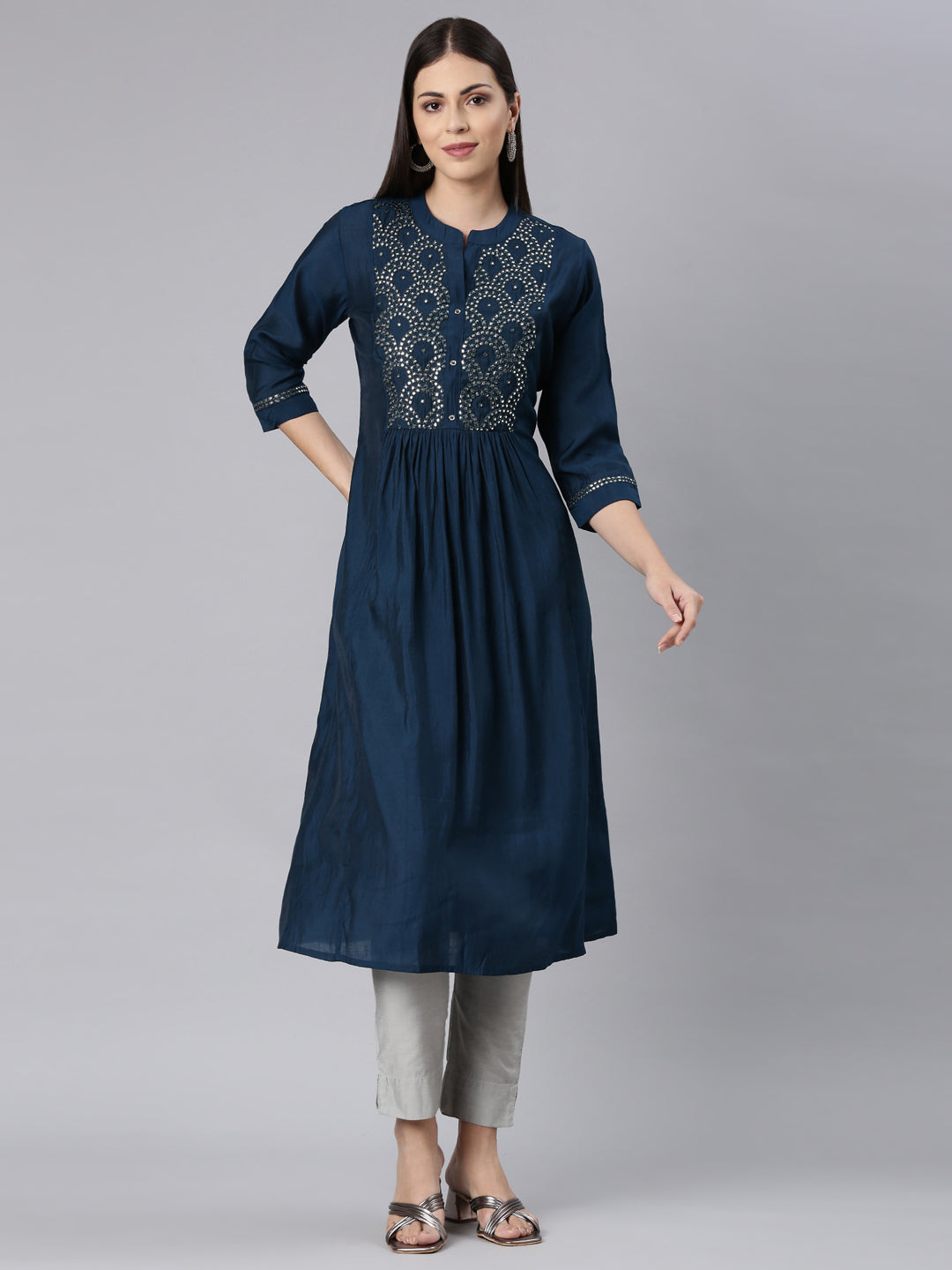 Neerus Blue modal solid anarkali kurta - front view
