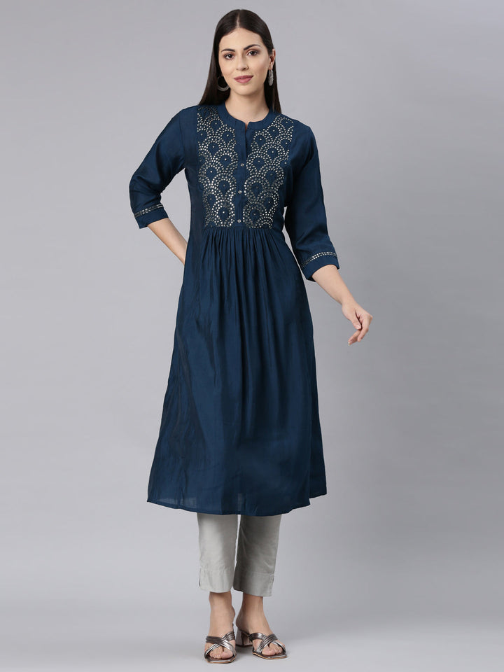 Neerus Blue modal solid anarkali kurta - front view