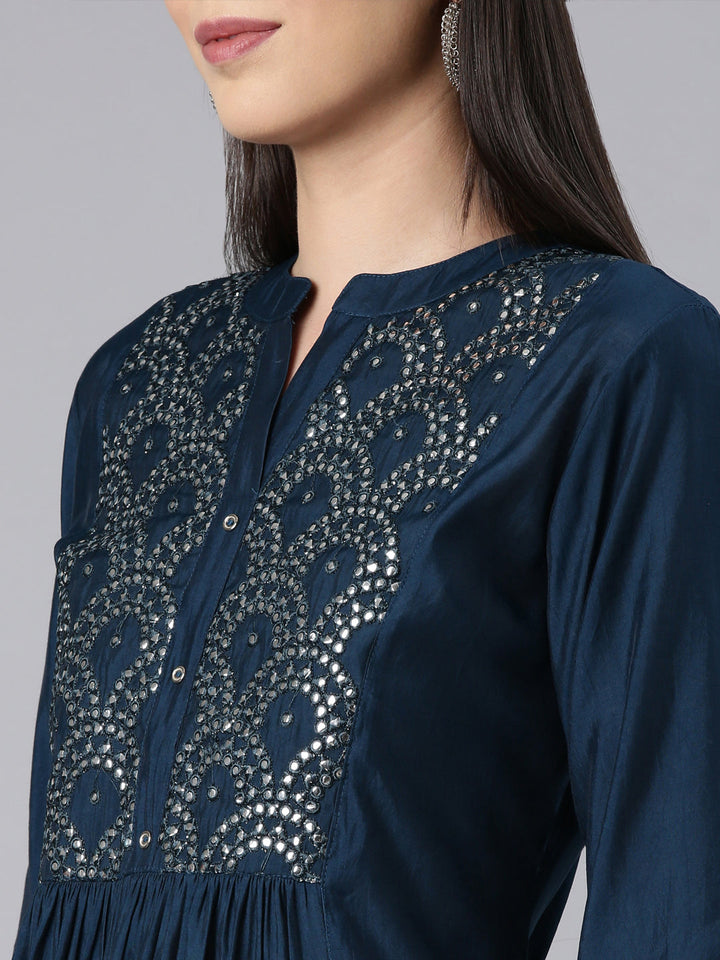 Neerus Blue modal solid anarkali kurta - detail view 2