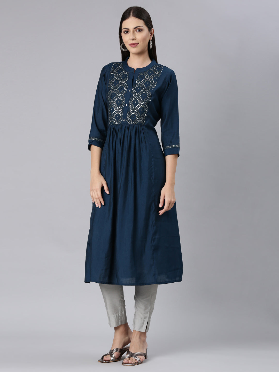 Neerus Blue modal solid anarkali kurta - back view