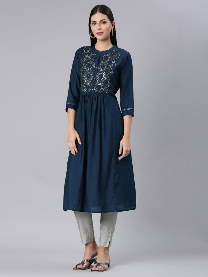 Neerus Blue modal solid anarkali kurta - back view