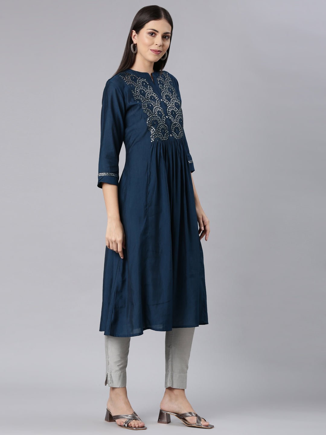 Neerus Blue modal solid anarkali kurta - side view