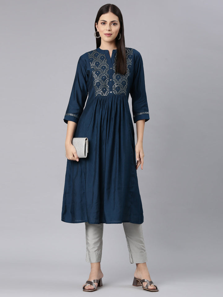 Neerus Blue modal solid anarkali kurta - detail view 3