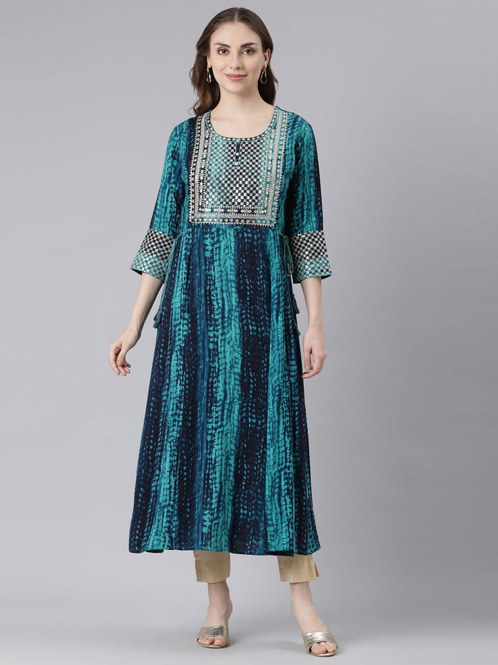 Neerus Green rayon printed anarkali kurti - front view
