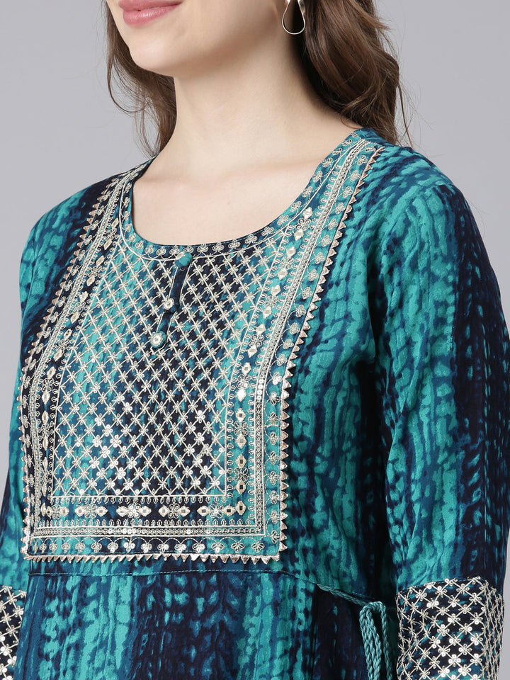 Neerus Green rayon printed anarkali kurti - detail view 2