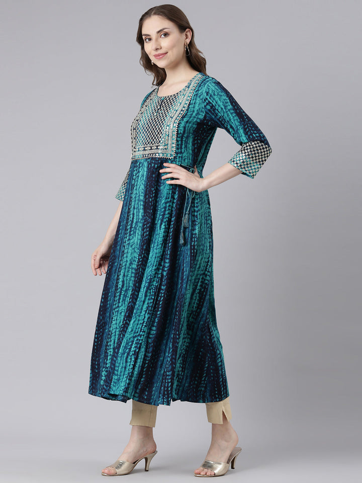 Neerus Green rayon printed anarkali kurti - back view