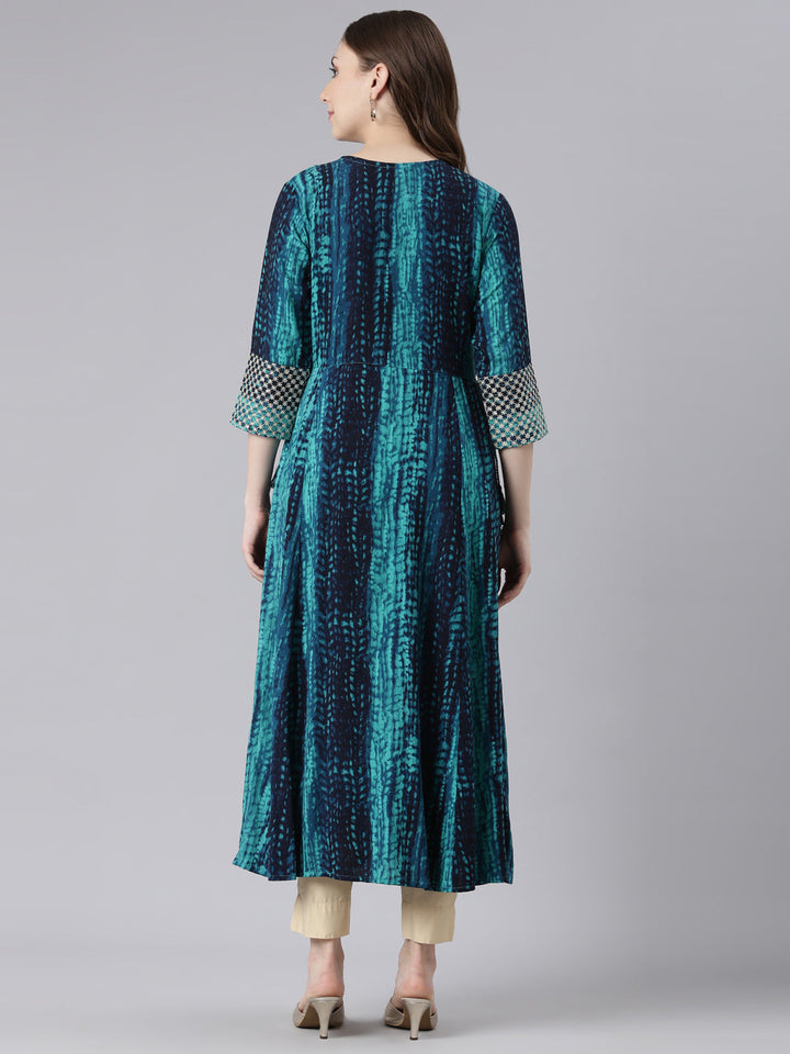 Neerus Green rayon printed anarkali kurti - detail view 1