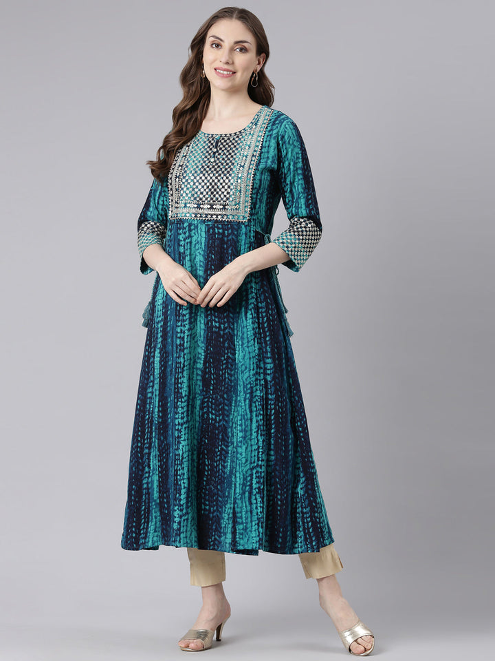 Neerus Green rayon printed anarkali kurti - detail view 3