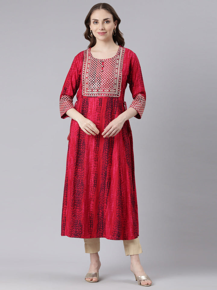 Neerus Pink rayon printed anarkali kurta - front view