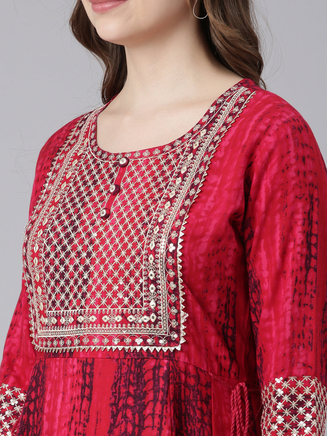 Neerus Pink rayon printed anarkali kurta - detail view 2