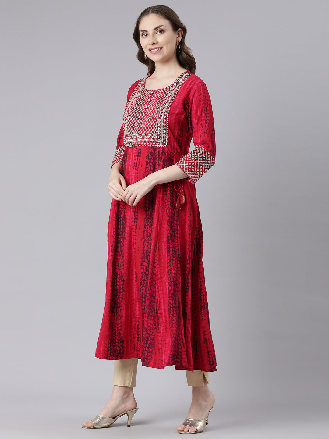 Neerus Pink rayon printed anarkali kurta - back view