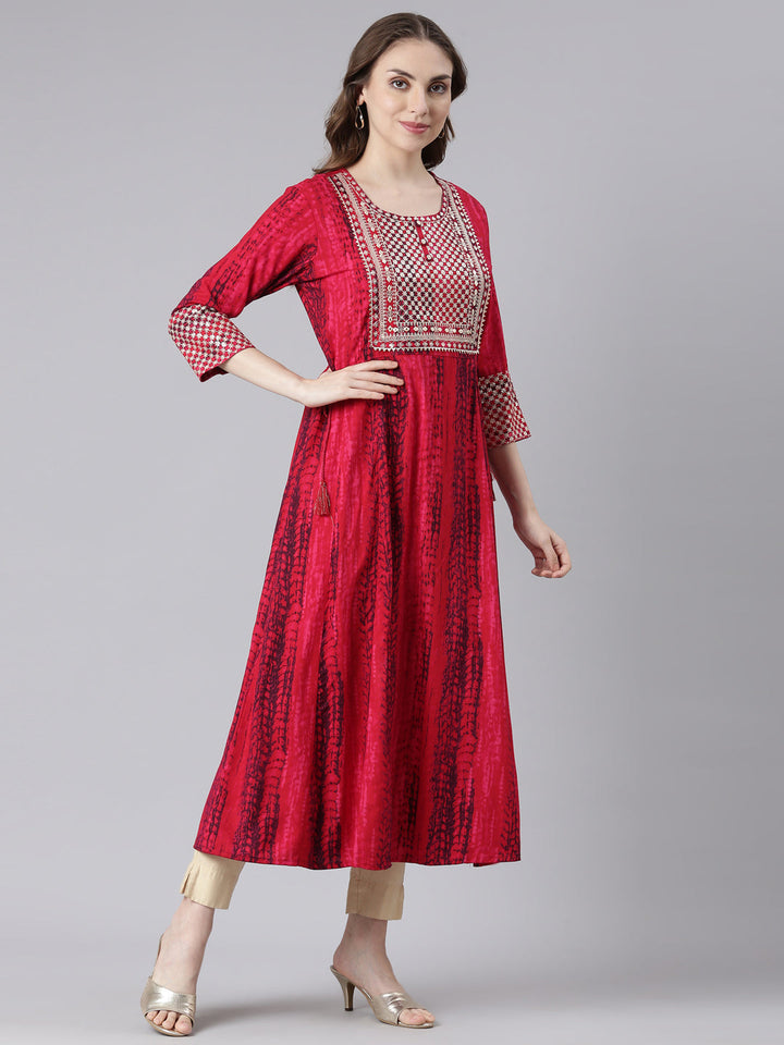Neerus Pink rayon printed anarkali kurta - side view