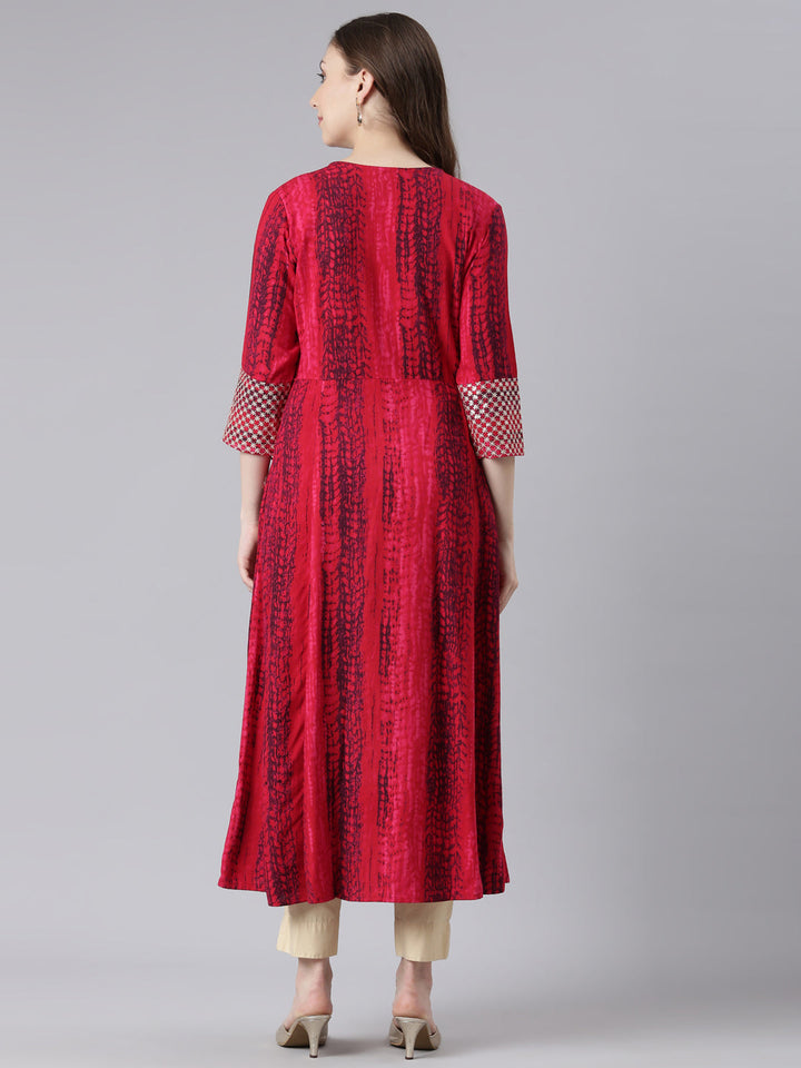 Neerus Pink rayon printed anarkali kurta - detail view 1