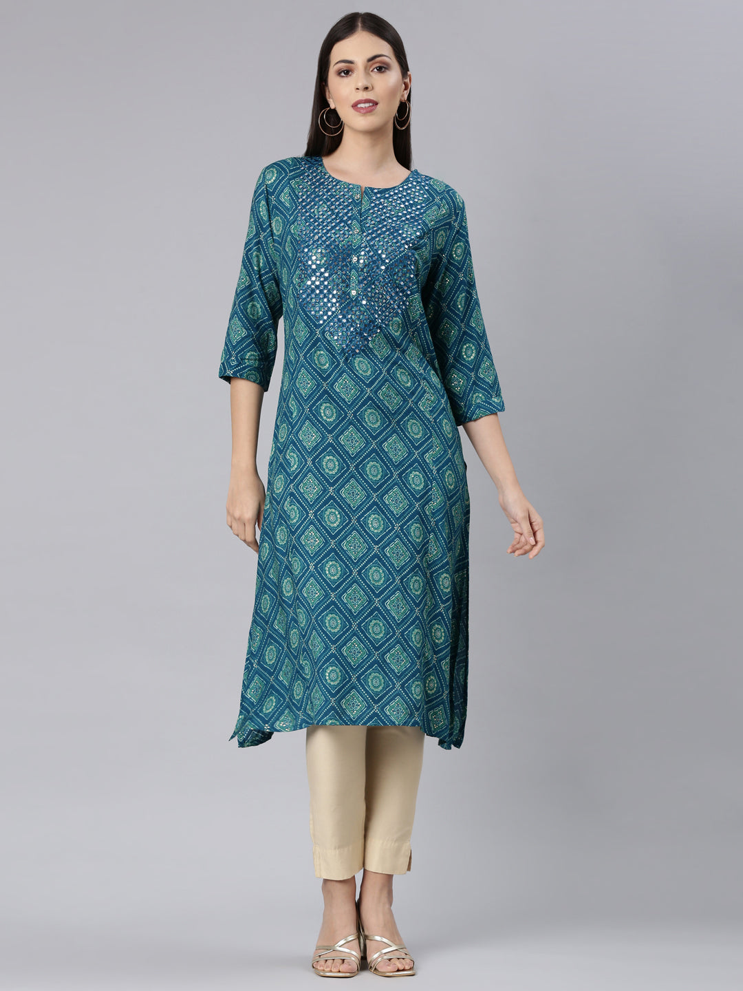 Neerus Blue rayon bandhani printed kurti - front view