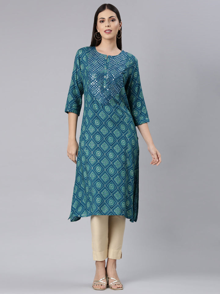 Neerus Blue rayon bandhani printed kurti - front view