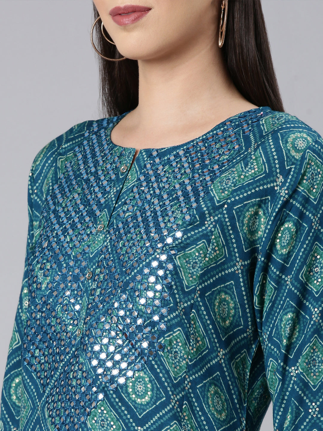 Neerus Blue rayon bandhani printed kurti - detail view 2