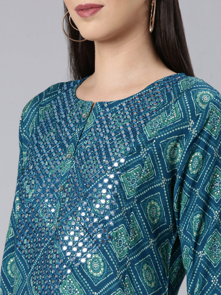 Neerus Blue rayon bandhani printed kurti - detail view 2