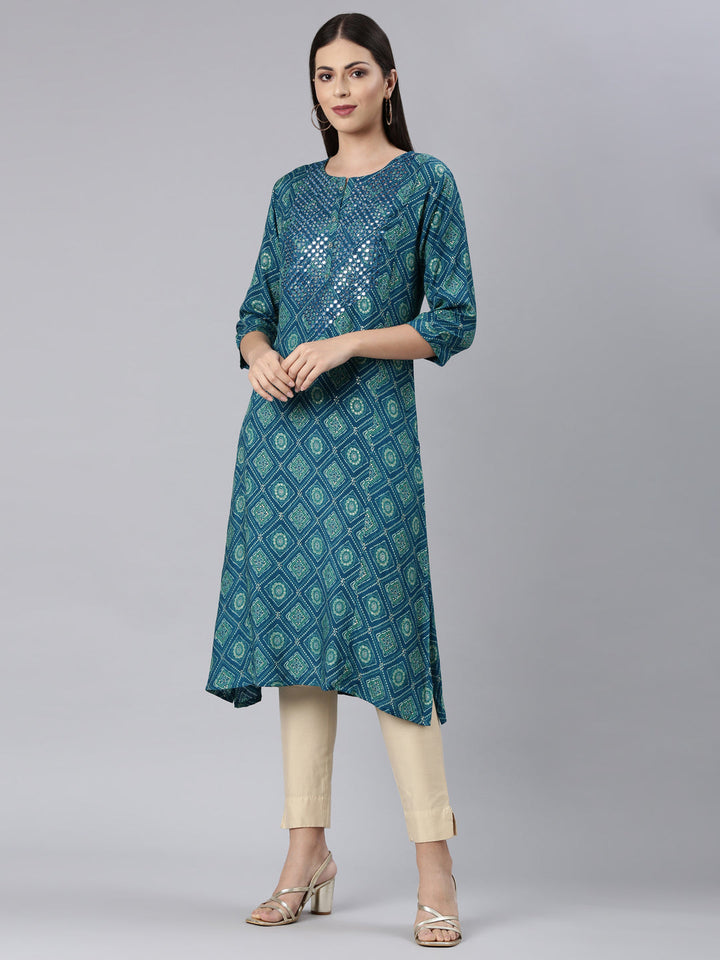 Neerus Blue rayon bandhani printed kurti - back view