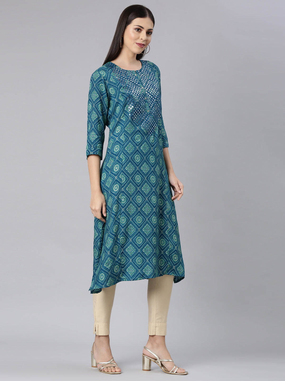Neerus Blue rayon bandhani printed kurti - side view