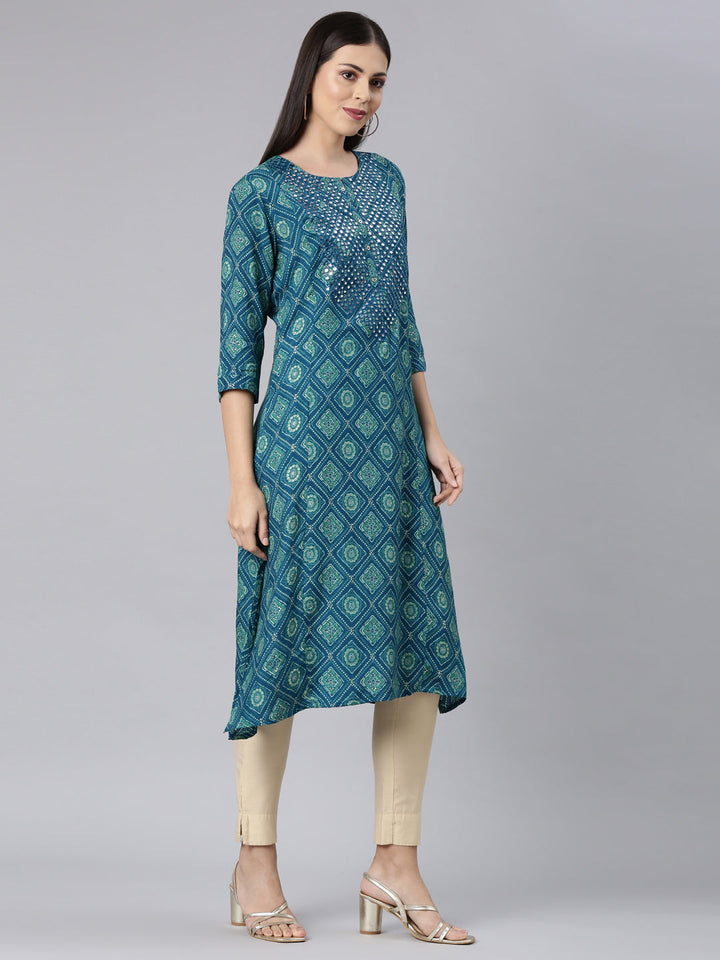 Neerus Blue rayon bandhani printed kurti - side view