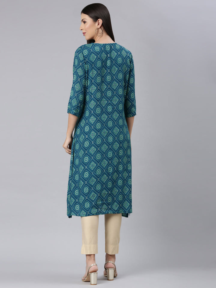 Neerus Blue rayon bandhani printed kurti - detail view 1