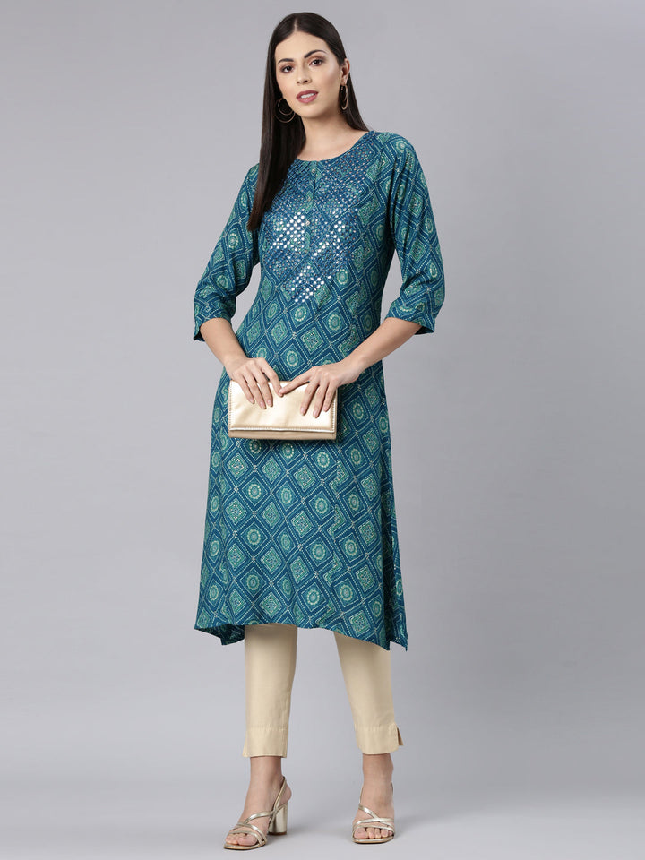 Neerus Blue rayon bandhani printed kurti - detail view 3