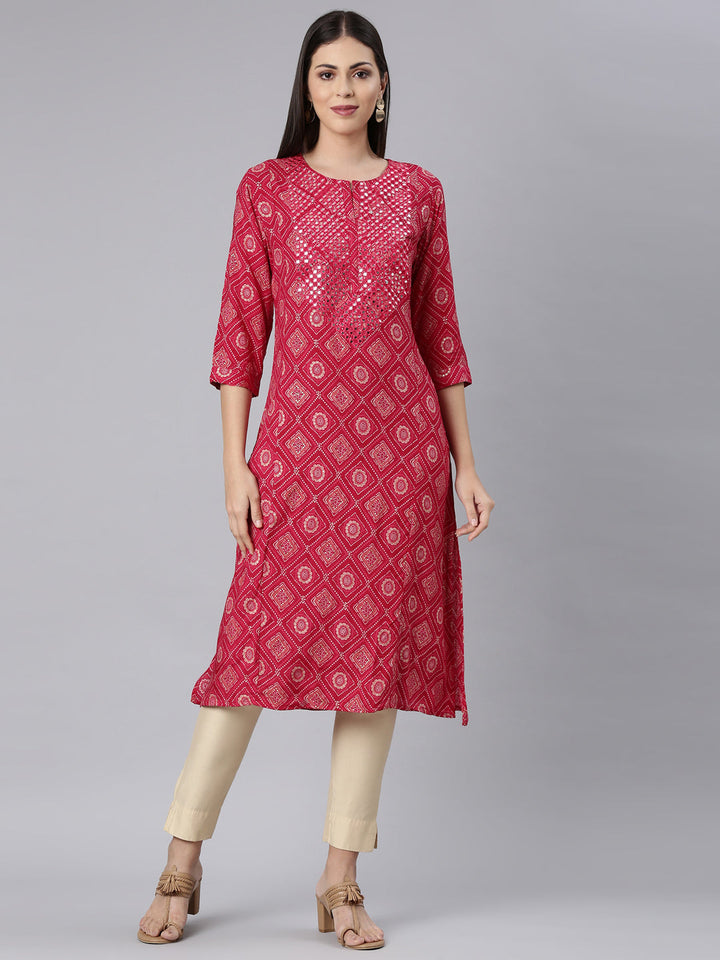 Neerus Red rayon Bandhani printed straight kurti - front view